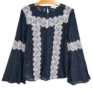 LOFT Lace Long Sleeve Blouse Bell Sleeves Blue & White, Medium